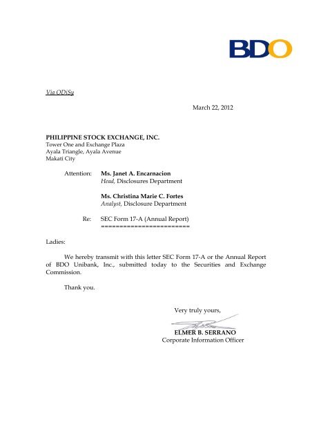 Via ODiSy March 22, 2012 PHILIPPINE STOCK EXCHANGE ... - BDO