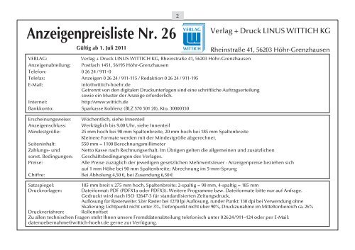 Beilagen-Preisliste Nr. 26 - Wittich Verlage KG