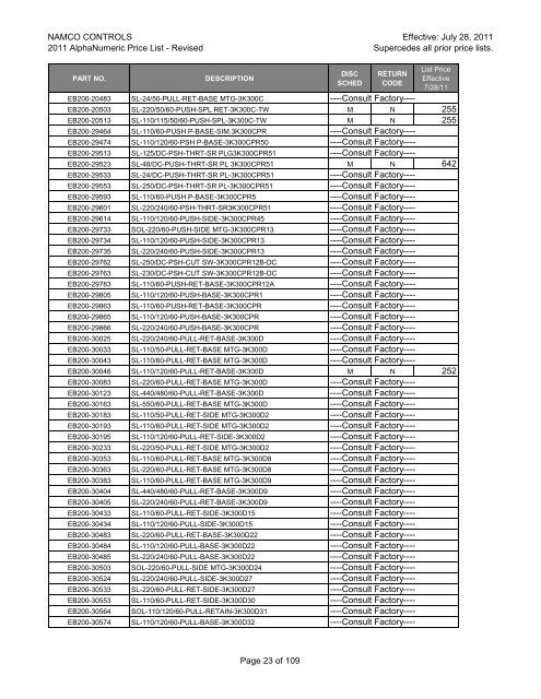 NAMCO CONTROLS 2011 AlphaNumeric Price List - Danaher ...