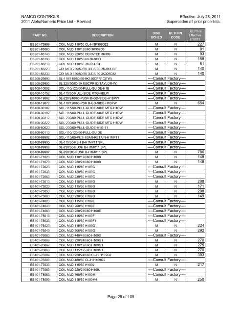 NAMCO CONTROLS 2011 AlphaNumeric Price List - Danaher ...