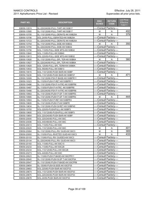 NAMCO CONTROLS 2011 AlphaNumeric Price List - Danaher ...