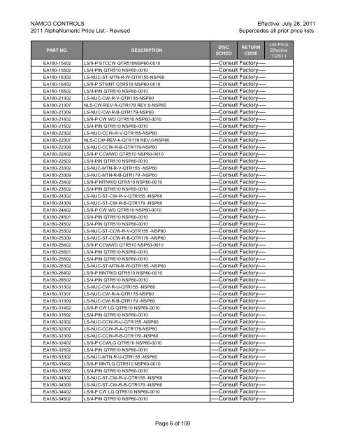 NAMCO CONTROLS 2011 AlphaNumeric Price List - Danaher ...