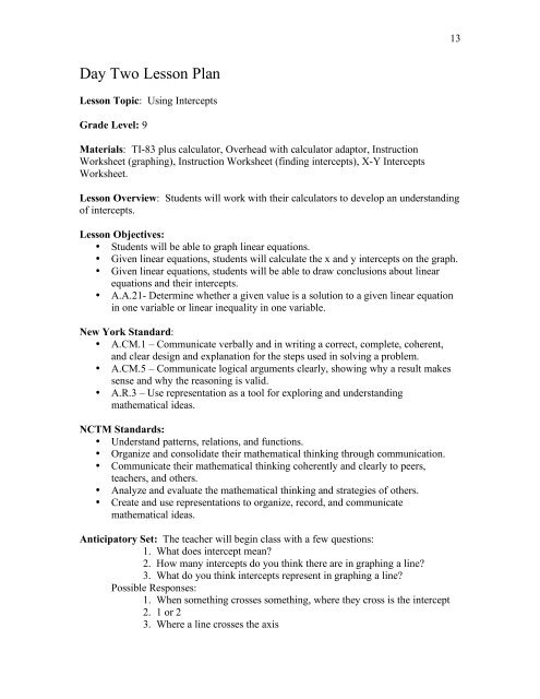 5- Day Lesson Plan Unit: Linear Equations Grade Level: Grade 9 ...