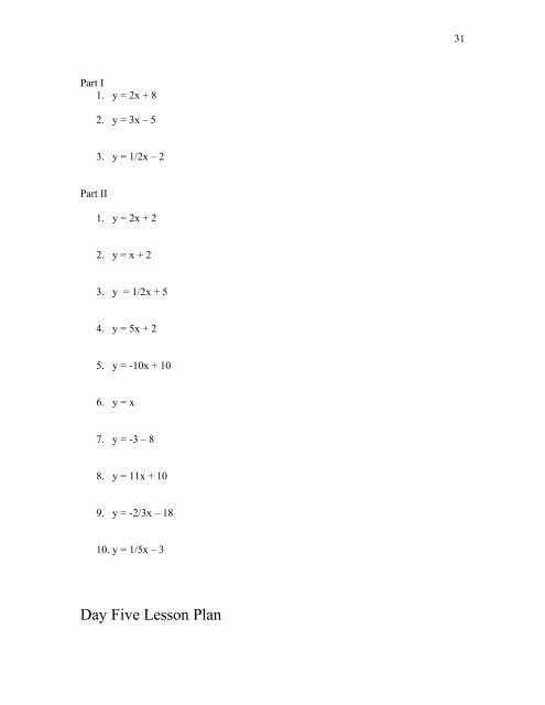 5- Day Lesson Plan Unit: Linear Equations Grade Level: Grade 9 ...