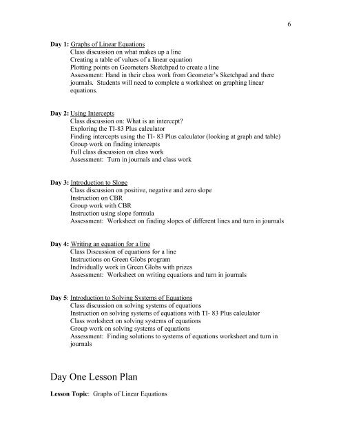 5- Day Lesson Plan Unit: Linear Equations Grade Level: Grade 9 ...