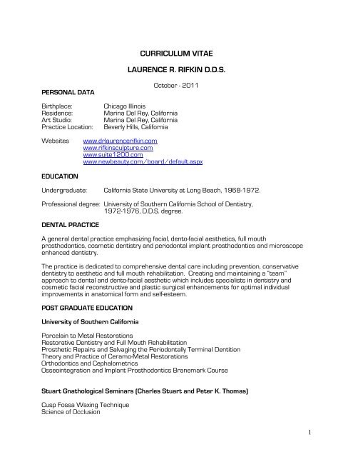Larry Rifkin CURRICULUM VITAE LAURENCE R. RIFKIN D.D.S.