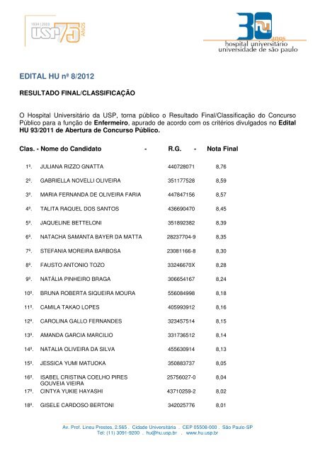 EDITAL HU nÃ‚Âª 8/2012 - Hospital UniversitÃƒÂ¡rio Ã¢Â€Â“ USP