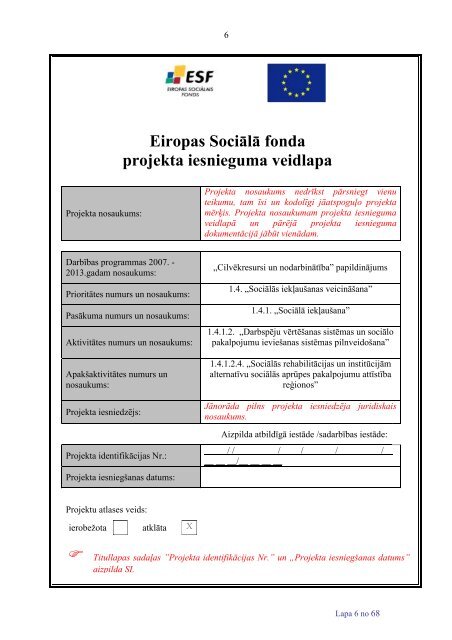 Eiropas SociÄlÄ fonda projekta iesnieguma veidlapa