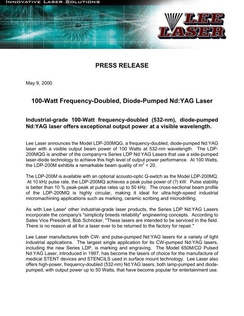 PRESS RELEASE 100-Watt Frequency-Doubled ... - Lee Laser, Inc.