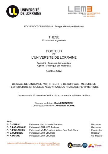 THESE DOCTEUR L'UNIVERSITE DE LORRAINE - LEM3