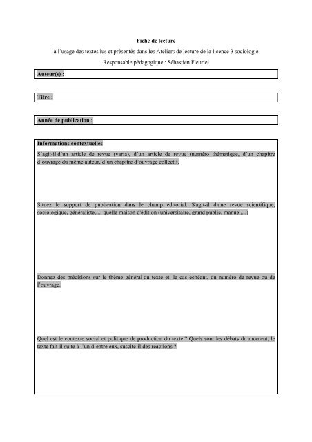 Suggestion de fiche de lecture  SÃ©bastien FLEURIEL, professeur