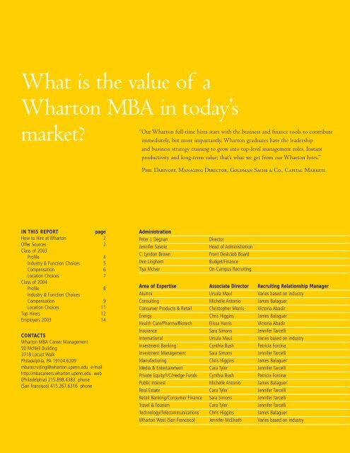 The 2003 MBA Career Report - Wharton MBA Career Management