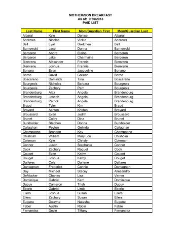 MOTHER/SON BREAKFAST As of: 9/30/2013 PAID LIST Last Name ...