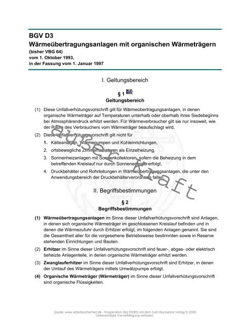 BGV D3 Wärmeübertragungsanlagen mit organischen Wärmeträgern