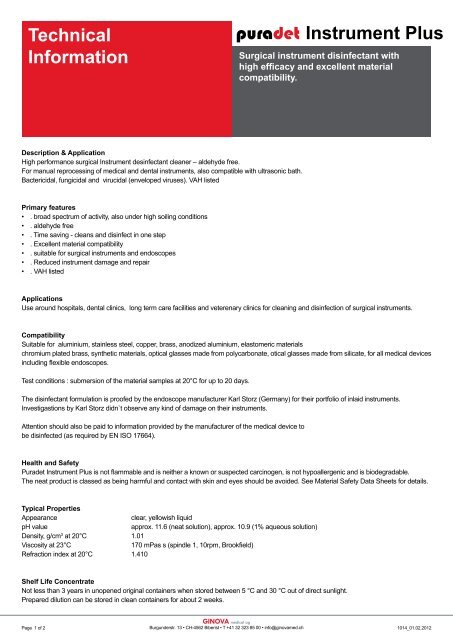 Instrument Plus puradet Technical Information - Ginova medical ag