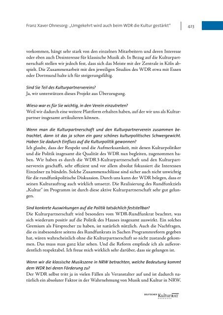 Der WDR als Kulturakteur Anspruch - Deutscher Kulturrat