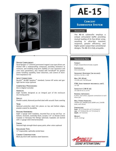 Apogee AE-15 Concert Subwoofer System Spec  - Apogee Sound