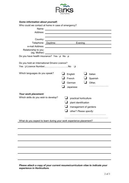 work placement application form. - Parks Victoria