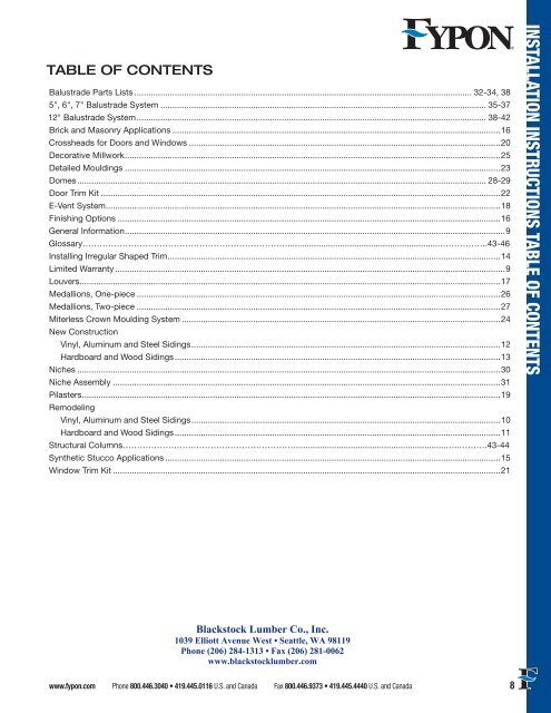 installation instructions table of contents - Blackstock Lumber Co., Inc.