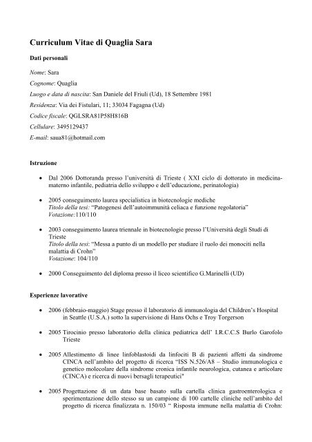 Curriculum Vitae di Quaglia Sara - Clinica Pediatrica Trieste ...