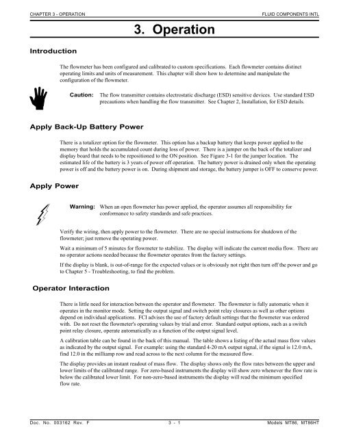 Manual Chapter 3 - Operation - Fluid Components International