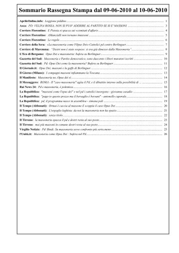 Rassegna stampa 9-10 giugno 2010 su Massoneria e Politica