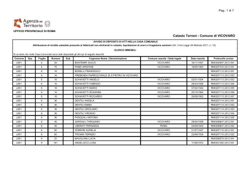 elenco delle particelle del catasto terreni - Comune di Vicovaro