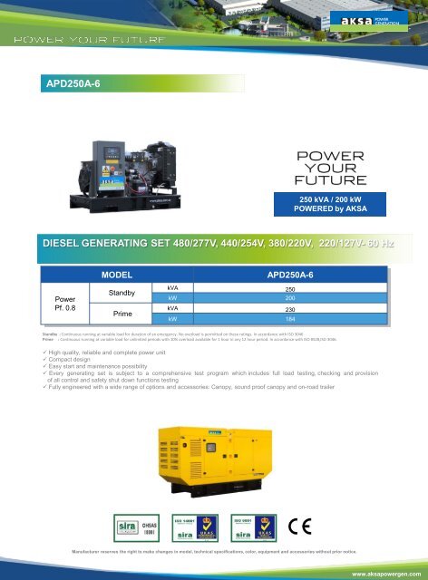 APD250A-6 DIESEL GENERATING SET 480/277V, 440/254V, 380 ...