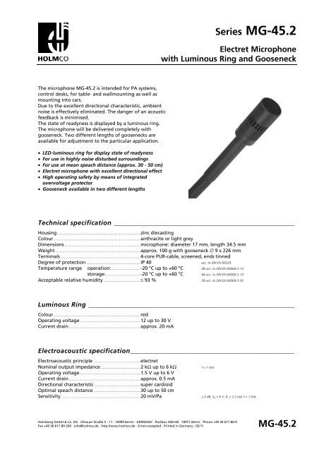 Data sheet (pdf 129 kB) - HOLMCO - Holmberg Elektroakustik