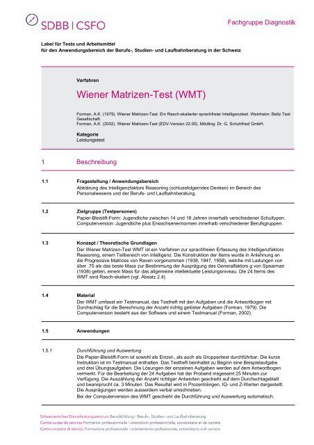 Wiener Matrizen-Test (WMT) - Fachgruppe Diagnostik - SDBB