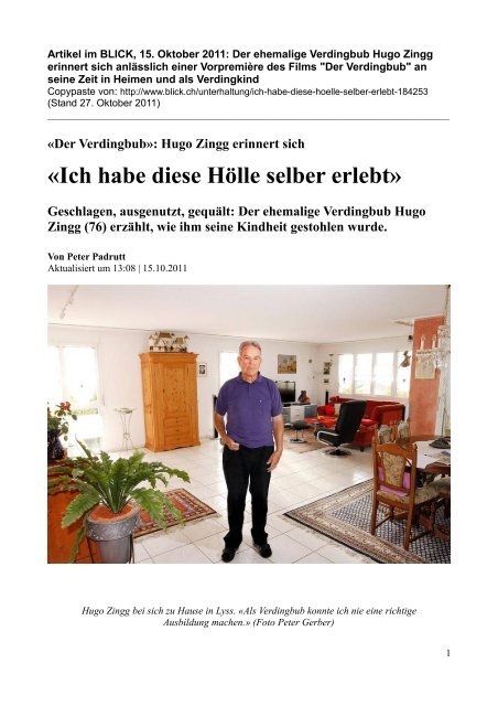 Hugo Zingg erinnert sich - Verdingkinder suchen ihre Spur