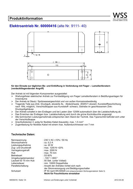 Produktinformation Elektroantrieb Nr. 60000416 (alte Nr ... - Fieger