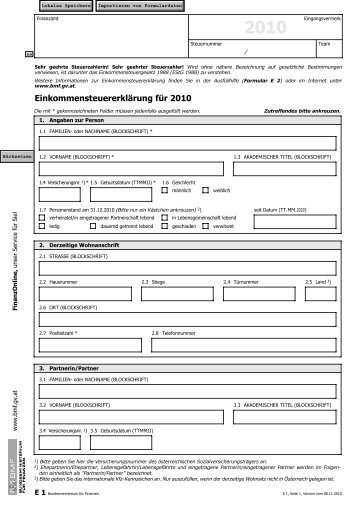 E 1 - EinkommensteuererklÃ¤rung 2010 (Formular) - Formulare ...