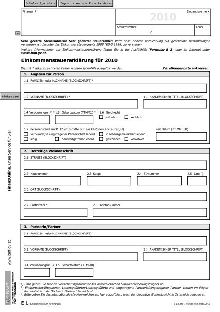 Formular E1 E 1 - Einkommensteuererklärung 2010 (Formular) - Formulare ...