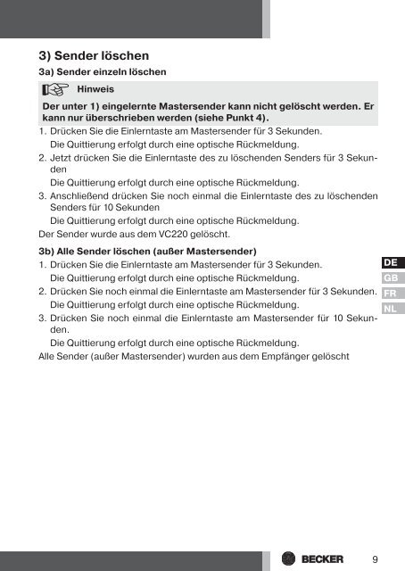 Becker Centronic VarioControl VC220 Anleitung - auf enobi.de