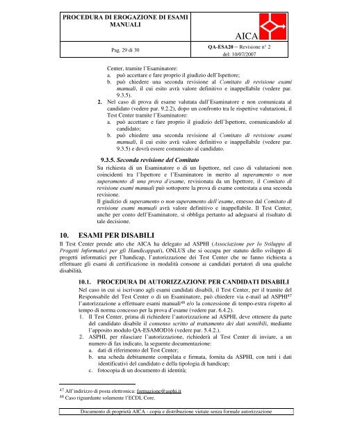 Procedura di erogazione di esami manuali (QA-ESA20) - Aica