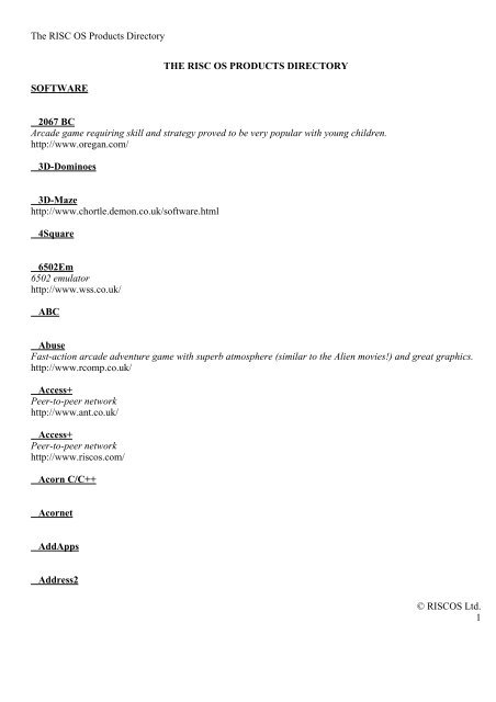 The RISC OS Products Directory THE RISC OS PRODUCTS ...