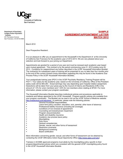 sample agreement/appointment letter match 2012 - UCSF ...