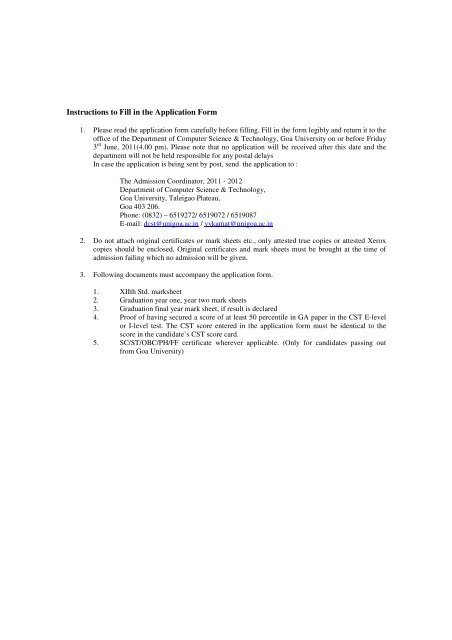 Instructions to Fill in the Application Form - Goa University