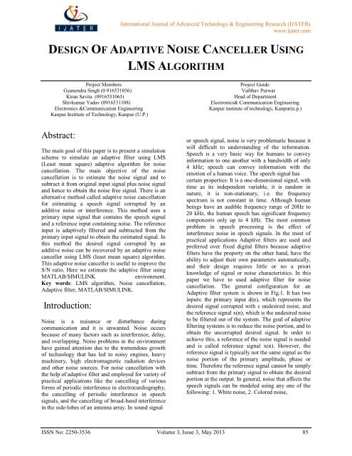 design of adaptive noise canceller using lms algorithm - ijater