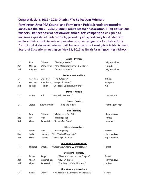 2012 - 2013 District Reflections Winners - Farmington Public Schools