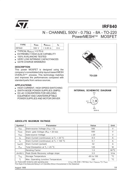 N-CHANNEL 500V - 0.75 OHM - 8A - TO-220 POWERMESH MOSFET