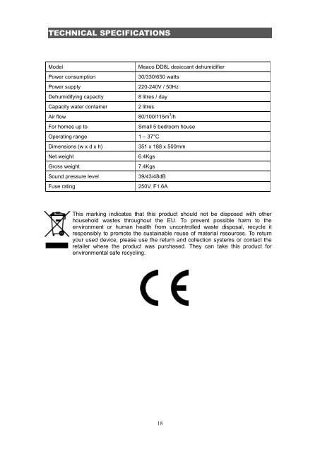Meaco DD8L desiccant dehumidifier Instruction Manual