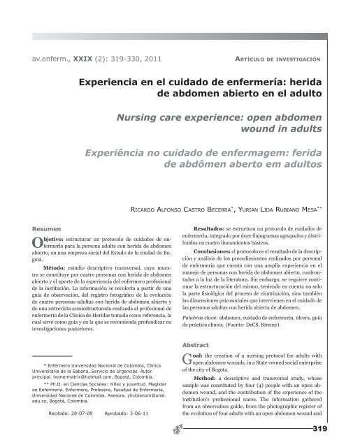 herida de abdomen abierto en el adulto - SciELO Colombia