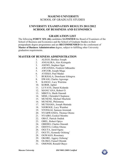 School of Public Health Graduation List - Maseno University