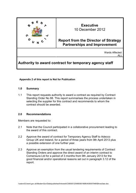 Authority to award contract for temporary agency staff PDF 130 KB