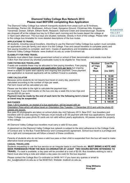 Application for Bus Travel 2013 - Diamond Valley College