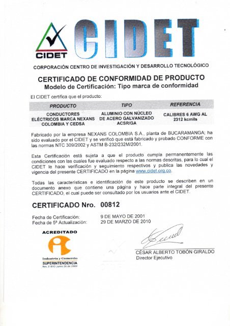 Tipo marca de conformidad CERTIFICADO Nro. 00812