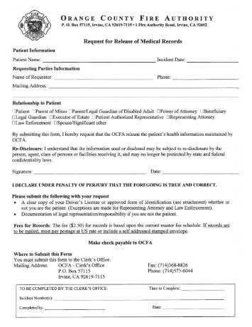 Medical Records Request Form - Orange County Fire Authority