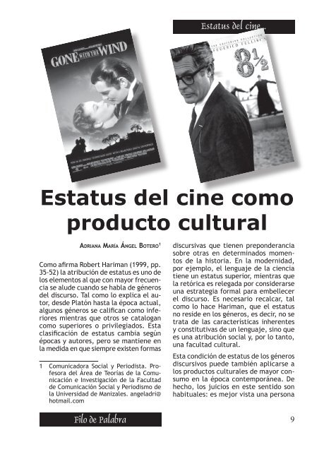 Estatus del cine como producto cultural - Universidad de Manizales